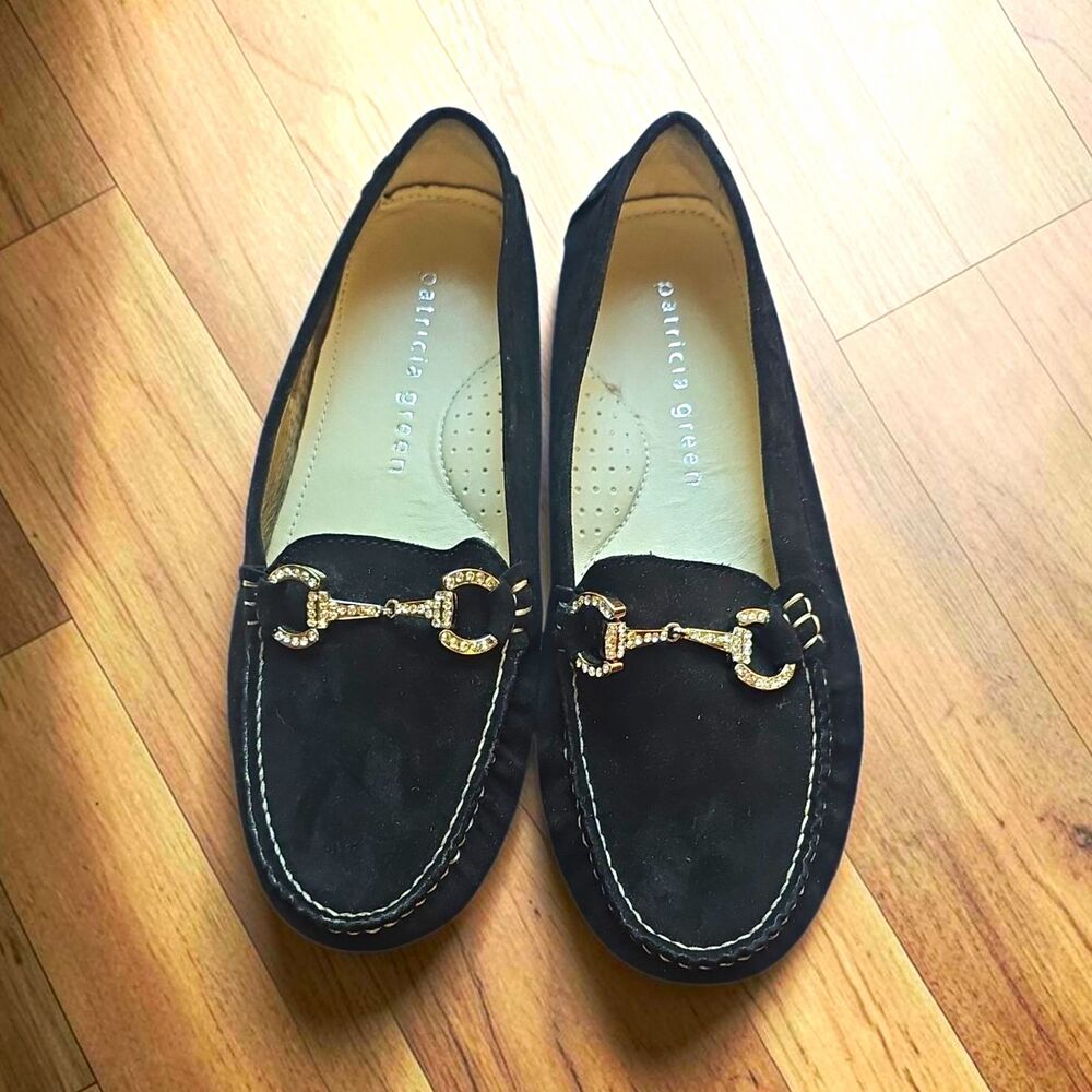 Patricia Green Cannes Black Suede Crystal Horsebit Loafer Flats Shoes Sz 38/7.5